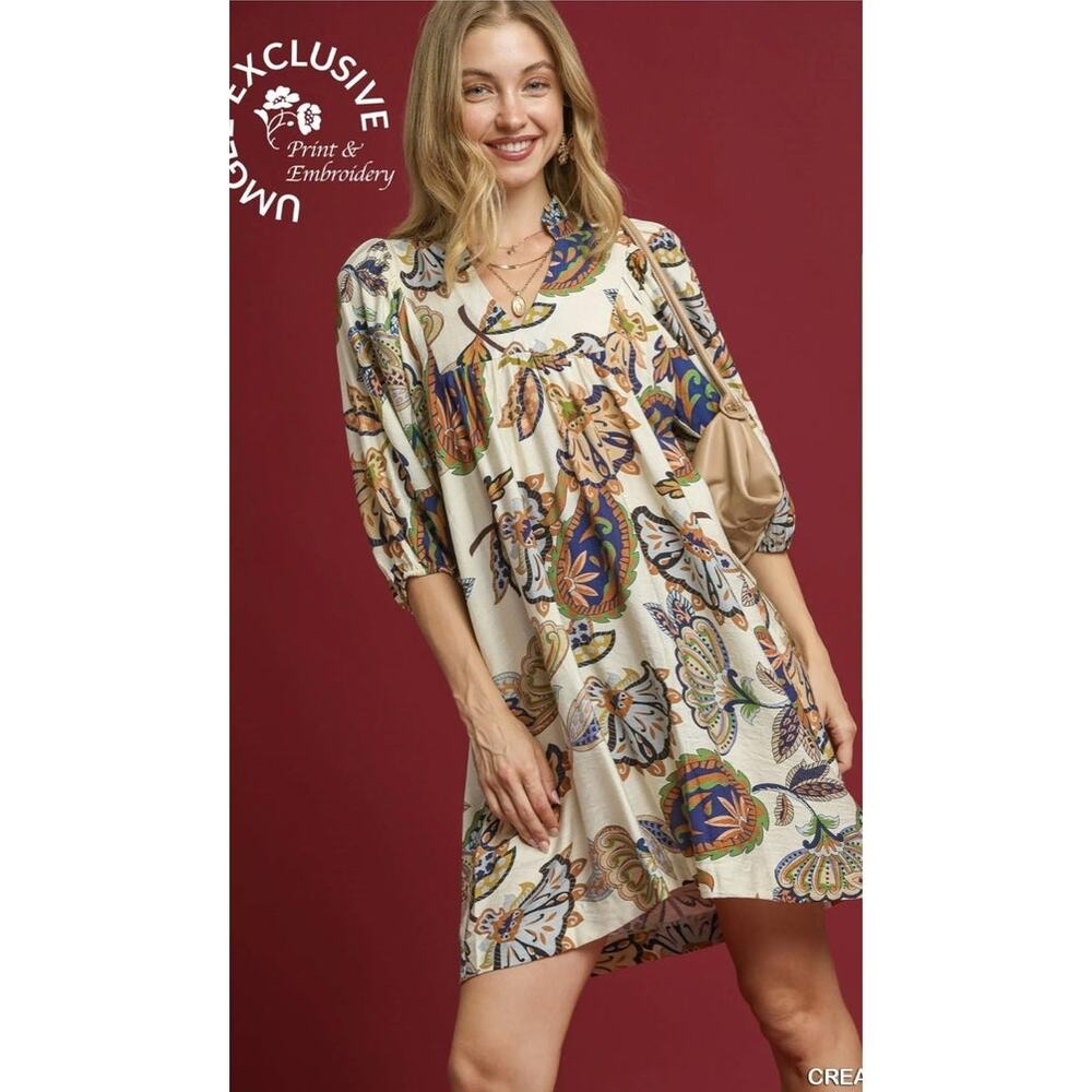 Umgee Abstract Paisley Puff Sleeve Boho Babydoll Mini Dress Size Small